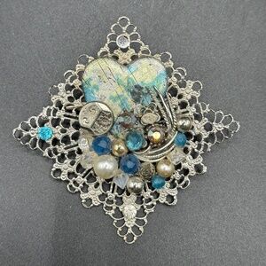 Vintage Silver and Blues - Brooch with Silver Heart and Beads